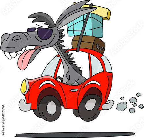 Cartoon donkey wearing sun glasses driving a car going on vacation vector illustration