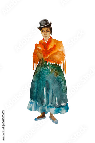 Quadro em tela Watercolor sketch of bolivian woman cholita in traditional colorful clothing - hat, shawl and vibrant skirt