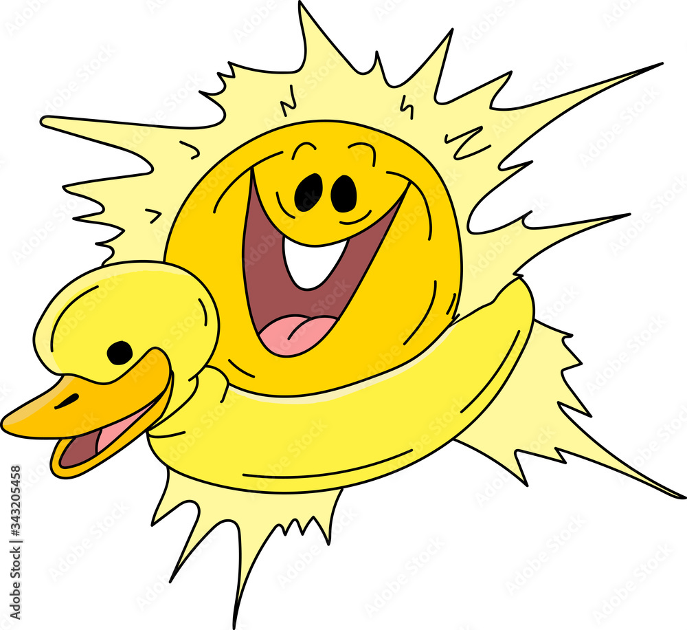 Cartoon sun wearing a duck life buoy ready for summer vector illustration