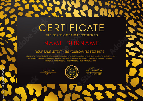 Certificate template with animal print (leopard) border. Luxe black and gold frame pattern for creative modern people. Premium vector design