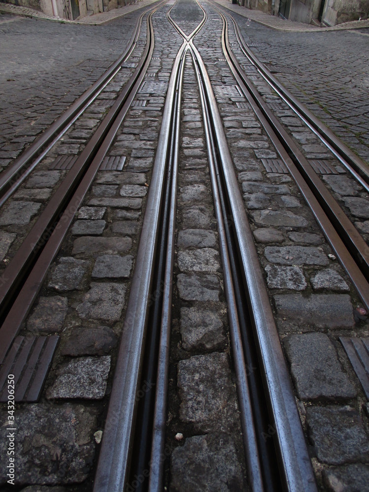 Tracks of the streetcar system in Lisboa. Portugal. 