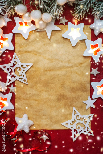 Christmas composition. Top view, flat lay, copy space.