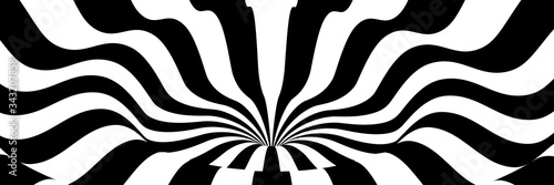 Vector abstract illustration of vortex with lines. Trendy 3d background in op art style, optical illusion. Long horizontal banner