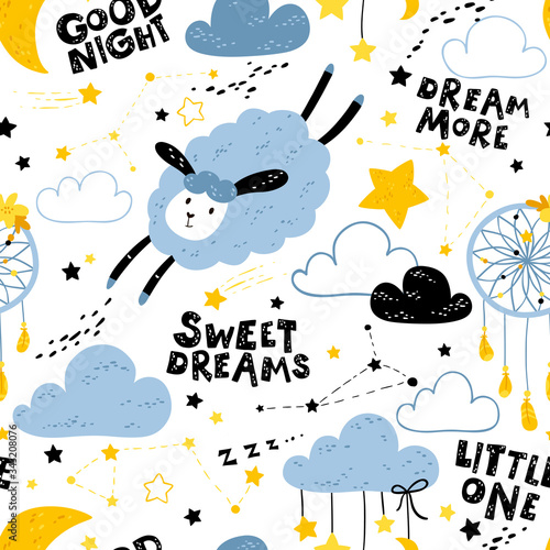 Vector seamless pattern with cute sheep, moon, clouds. Night nursery background. For kids apparel, fabric, textile, wrapping paper, wallpaper, scrapbooking, etc