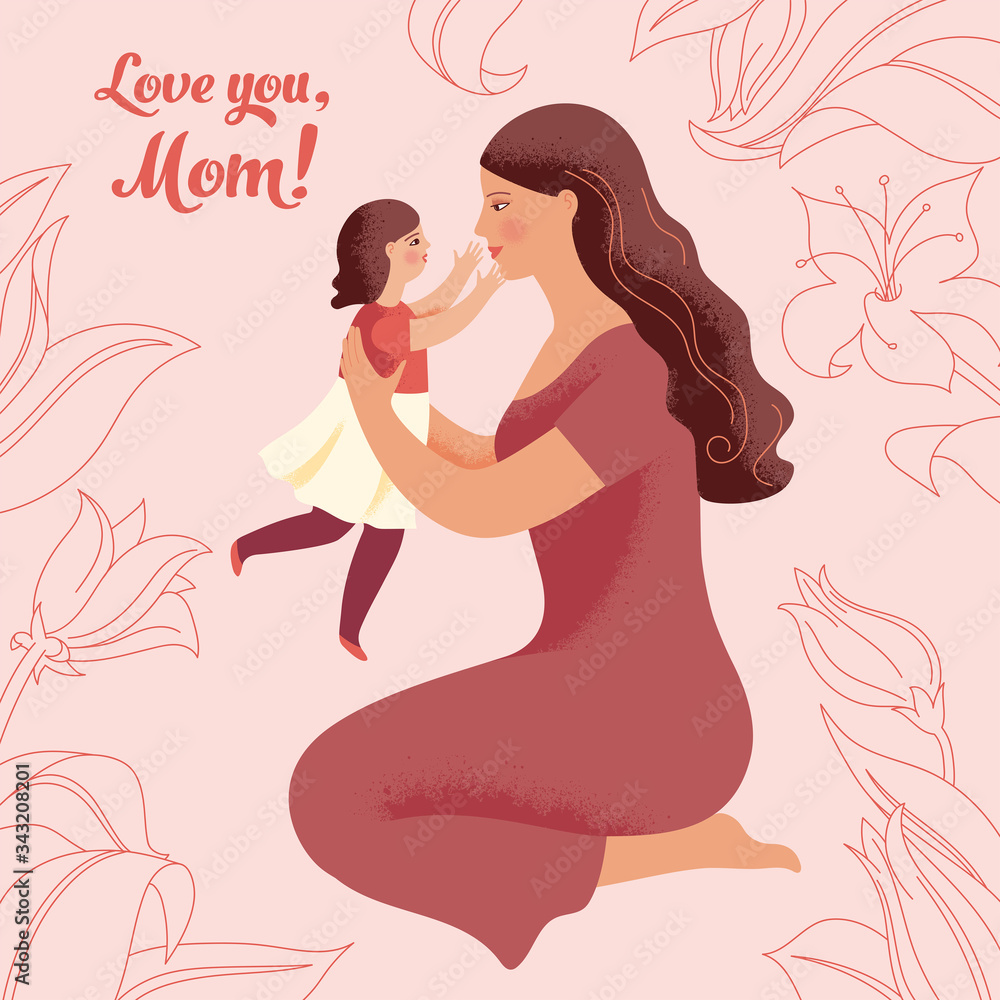 Young woman holds her little daughter in her arms. Soft pink background with graphic flowers. Greeting card or poster for Mother's Day.
