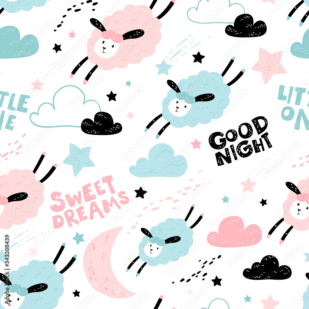 Vector seamless pattern with cute sheep, moon, clouds. Night nursery background. For kids apparel, fabric, textile, wrapping paper, wallpaper, scrapbooking, etc Stock Vector | Adobe Stock Vector seamless pattern with cute sheep, moon, clouds. Night nursery background. For kids apparel, fabric, textile, wrapping paper, wallpaper, scrapbooking, etc Stock Vector | Adobe Stock