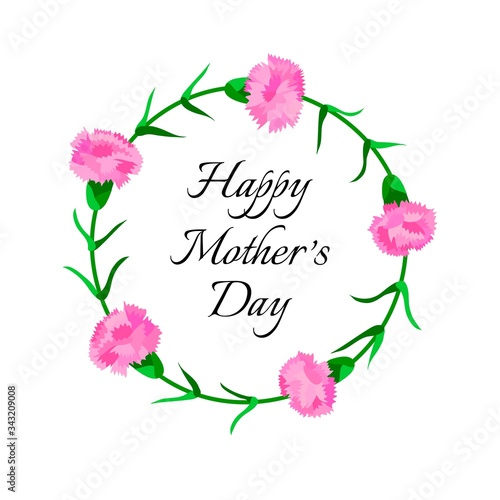 Mothers day card with pink carnation flowers and greeting text. Floral round wreath for holiday background. Botanical illustration. Vector