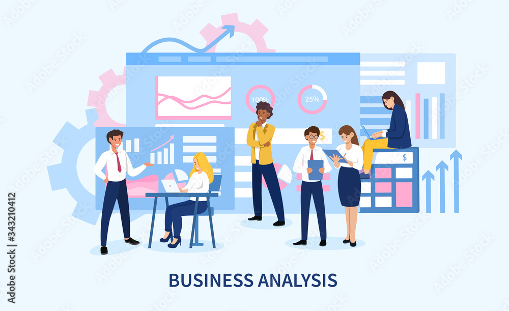 Business Analysis concept with statistical charts and a group of diverse business colleagues having a meeting, colored vector illustration with copy space