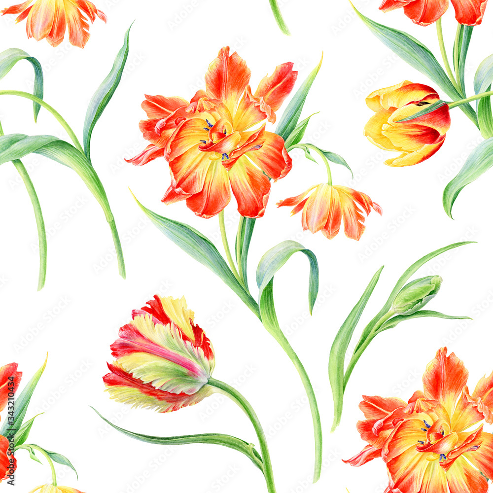 Summertime garden flowers Tulips watercolor seamless pattern. Beautiful hand drawn texture