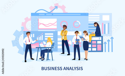 Business Analysis concept with statistical charts and a group of diverse business colleagues having a meeting, colored vector illustration with copy space
