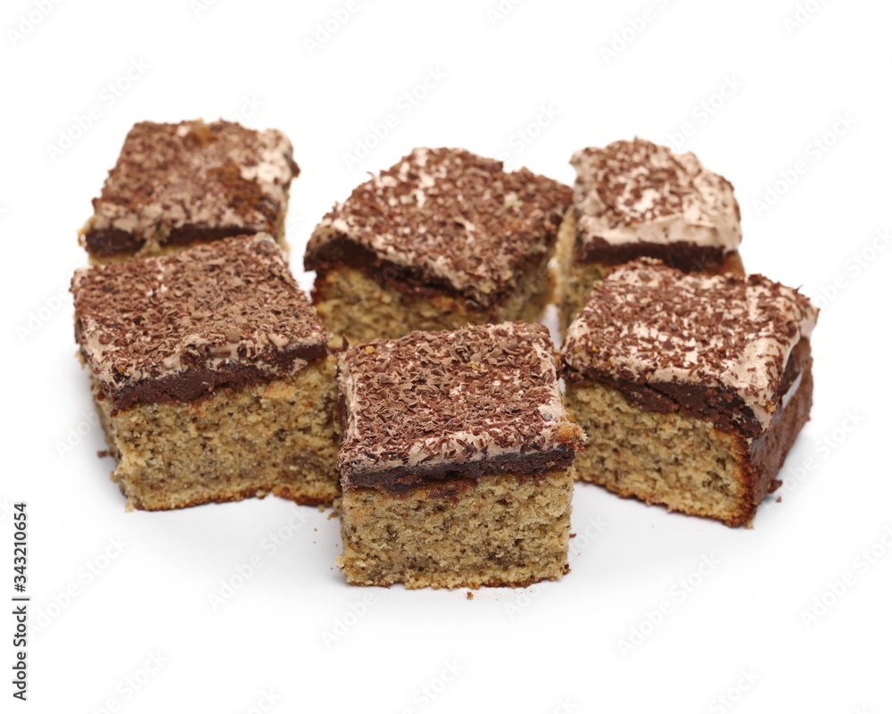 Chocolate cake, pastry slices with walnuts isolated on white background Chocolate cake, pastry slices with walnuts isolated on white background