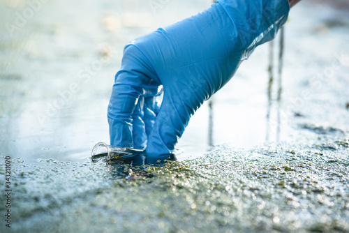 Pond water pollution concept. Scientist takes samples of dirty water from a pond into a test tube.