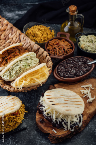 Different types of Venezuelan and Colombian Arepas. Typical Latin American breakfast