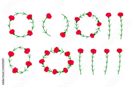 Red carnation floral set with flowers and arrangements of round wreaths. Botanical illustration. Symbol for mothers day. Great for wedding invitations. Vector