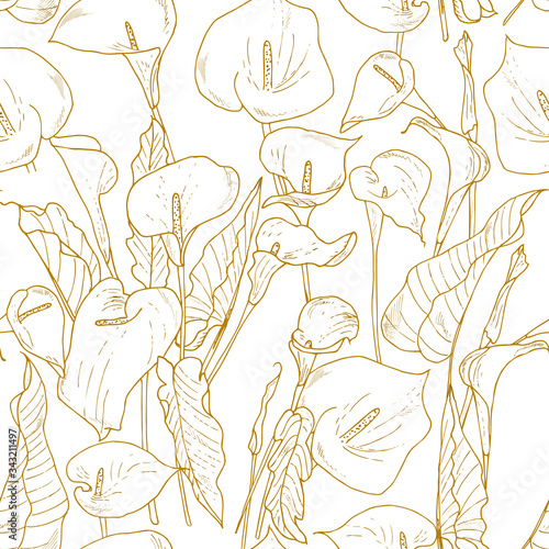 Calla flower seamless pattern. gold engraved ink art. Floral tropical background , outline, hand-drawing.