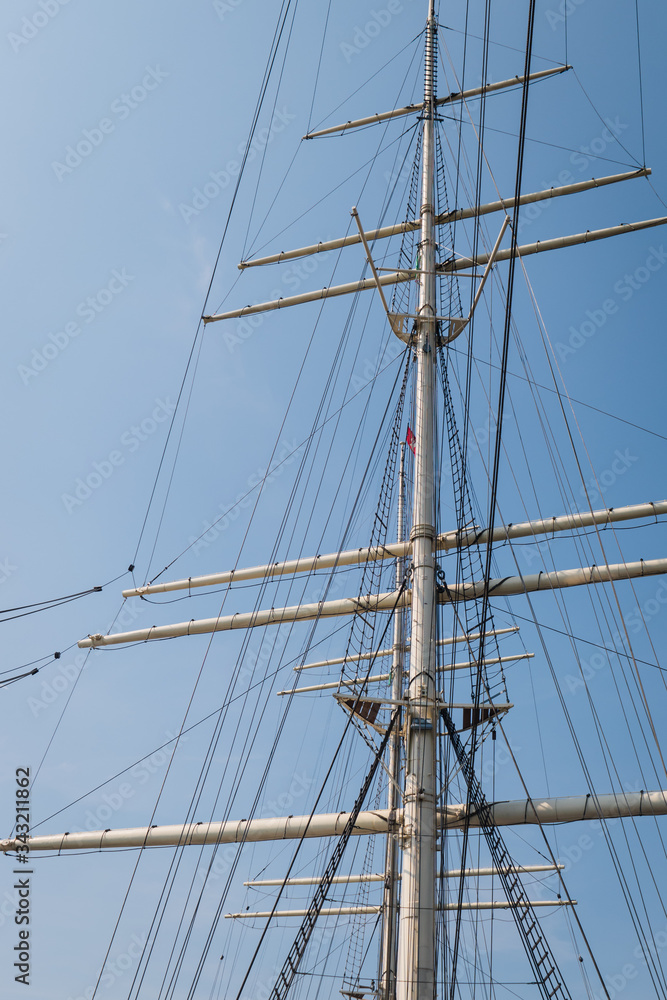 The empty masts of a three-masted sailing boat The empty masts of a three-masted sailing boat