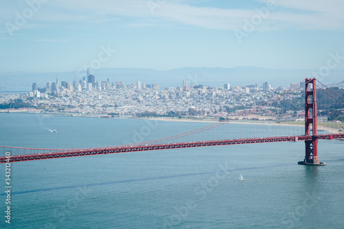 Scenic San Francisco city downtown skyline with Golden Gate Bridge view from Golden Gate Observation Deck