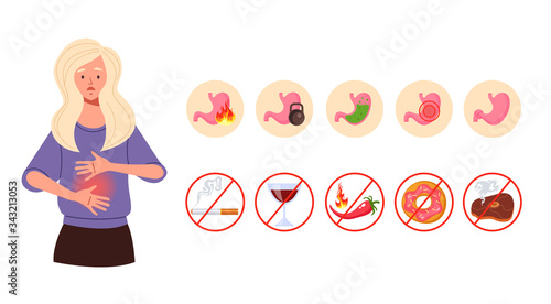 Gastritis symptoms concept. Vector flat cartoon graphic design illustration