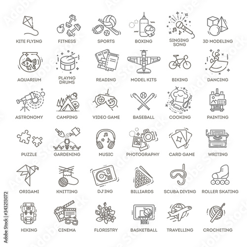 Hobbies and interest detailed line icons set in modern line icon style