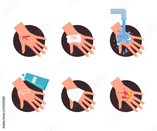 First aid step for wound skin help. Vector flat cartoon graphic design illustration