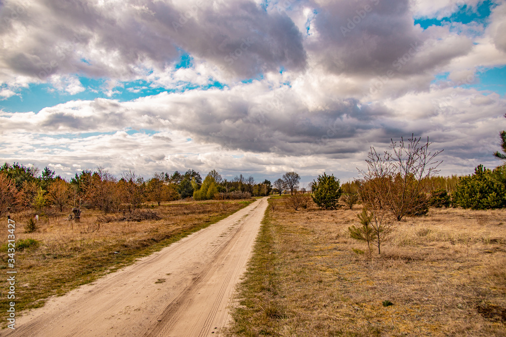 spring landscape with a dirt road, fields, trees and sky with clouds in Poland spring landscape with a dirt road, fields, trees and sky with clouds in Poland