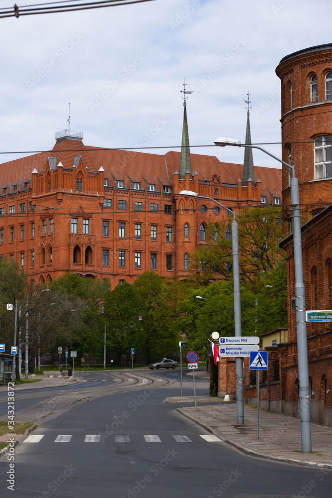 The red city hall and post office building in Szczecin.

