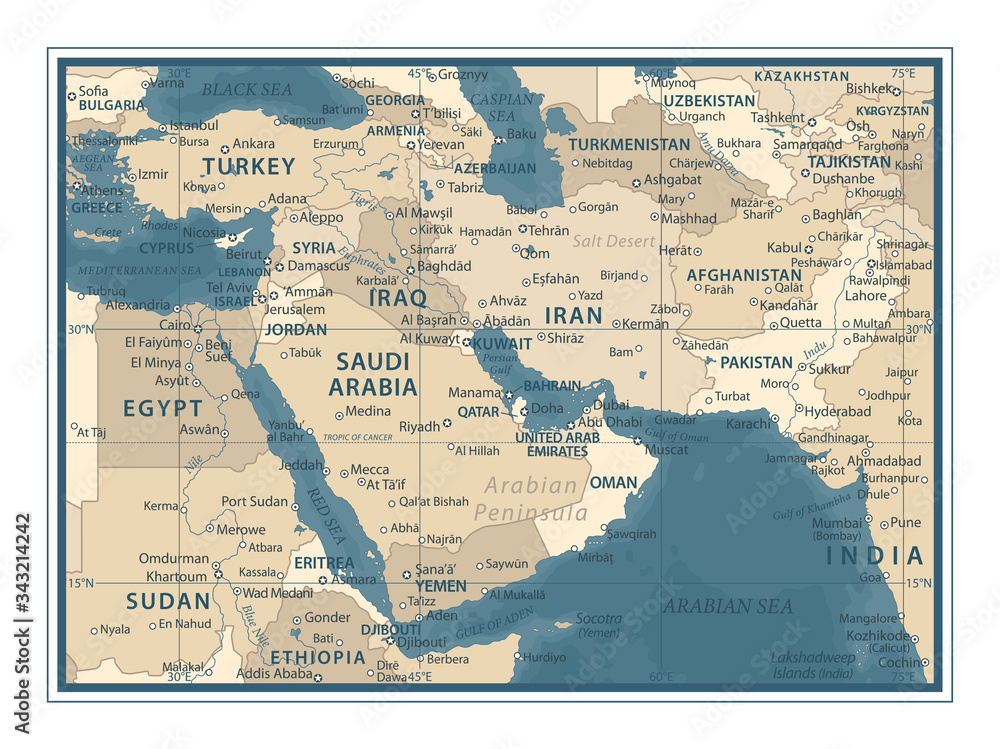 Fototapeta Middle East Map - Vintage Vector Illustration