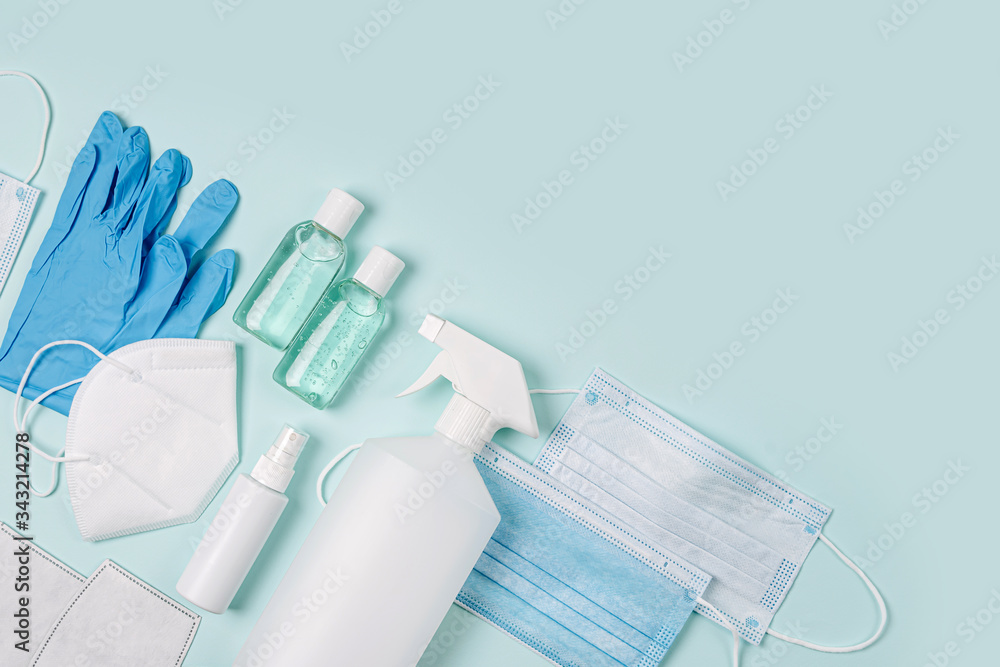 custom made wallpaper toronto digitalWhite medical masks and respirators with glove, hand sanitizer on blue background.  Face mask protection  KN95 or N95 and surgical masks for protection virus, flu, coronavirus, COVID-19.