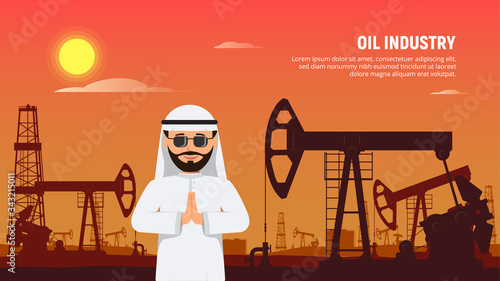 Arabic businessman behind oil rigs and oil pumps. Petroleum market crisis. Coronavirus impact on falling oil prices. Vector Illustration in flat style.
