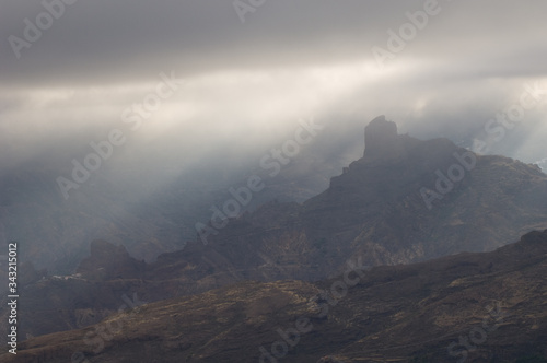 Roque Bentaiga in the fog. The Nublo Rural Park. Tejeda. Gran Canaria. Canary Island. Spain.