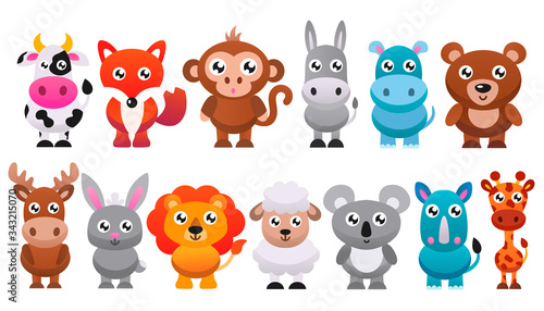 Collection of cute cartoon animals. Vector flat illustration.