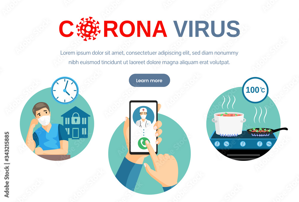 Coronavirus Covid-19 landing page template with text space. Stay at home on quarantine during global pandemic.
