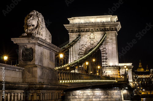 The Chain Bridge in Budapest in the evening. Sightseeing in Hungary.