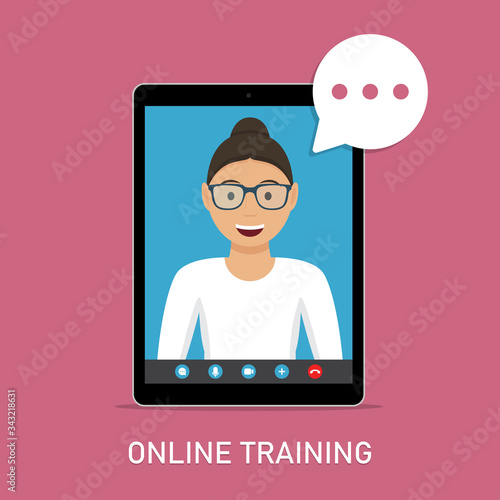 Online training with video teacher in tablet in a flat design