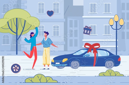 Boyfriend Giving Girlfriend Car with Ribbon Bow