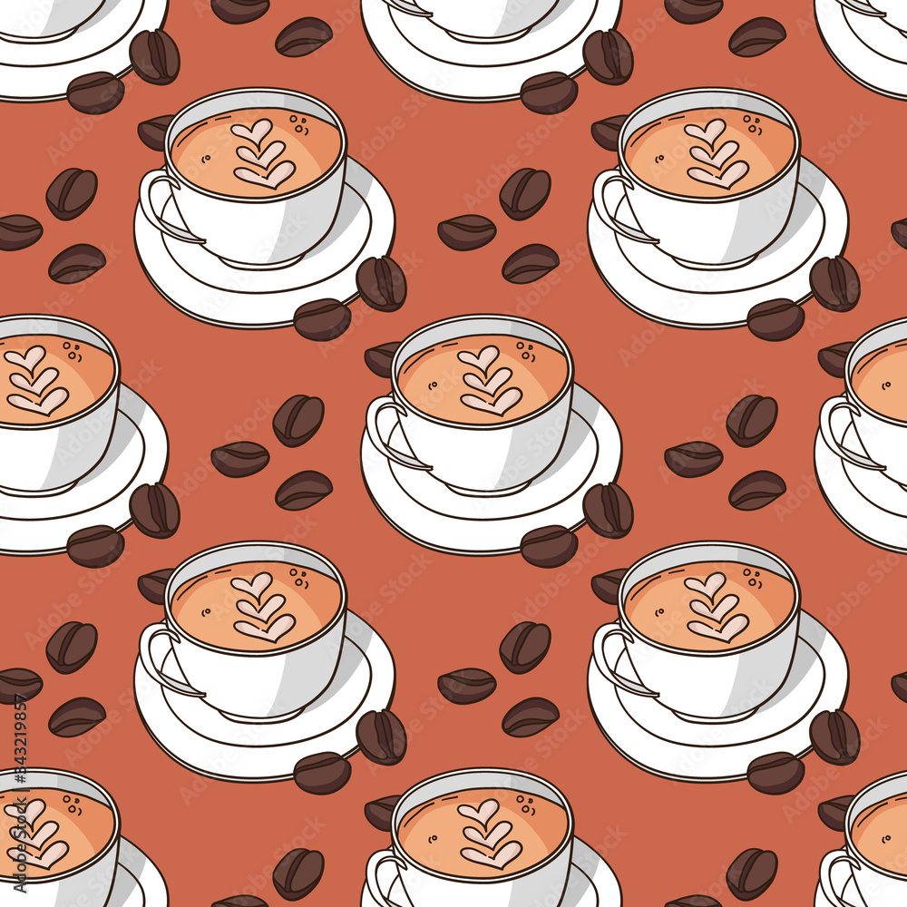 Vector seamless pattern with coffee cups and coffee beans Vector seamless pattern with coffee cups and coffee beans