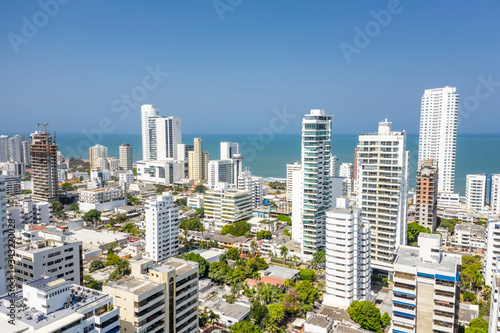 Aerial view of a skyline of white residential skyscrapers in Cartagena s prestigious Bocagrande district.