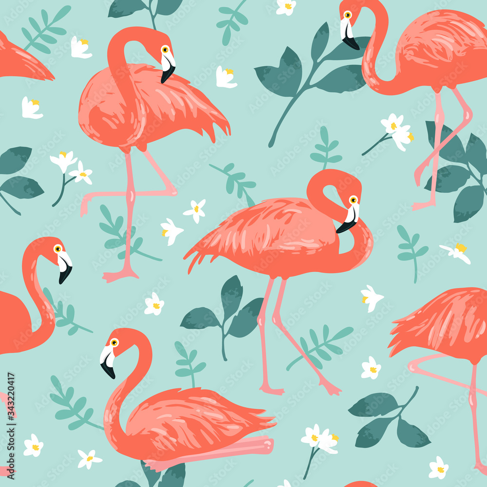 Obraz premium Vector seamless pattern with pink flamingos, tropical palm leaves and flowers. Hand Drawn illustration.