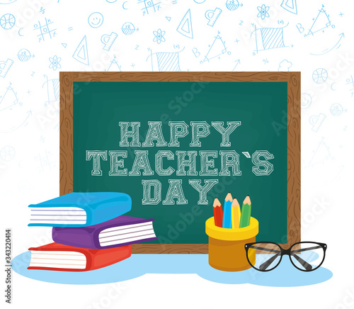 happy teachers day celebration with chalkboard and books