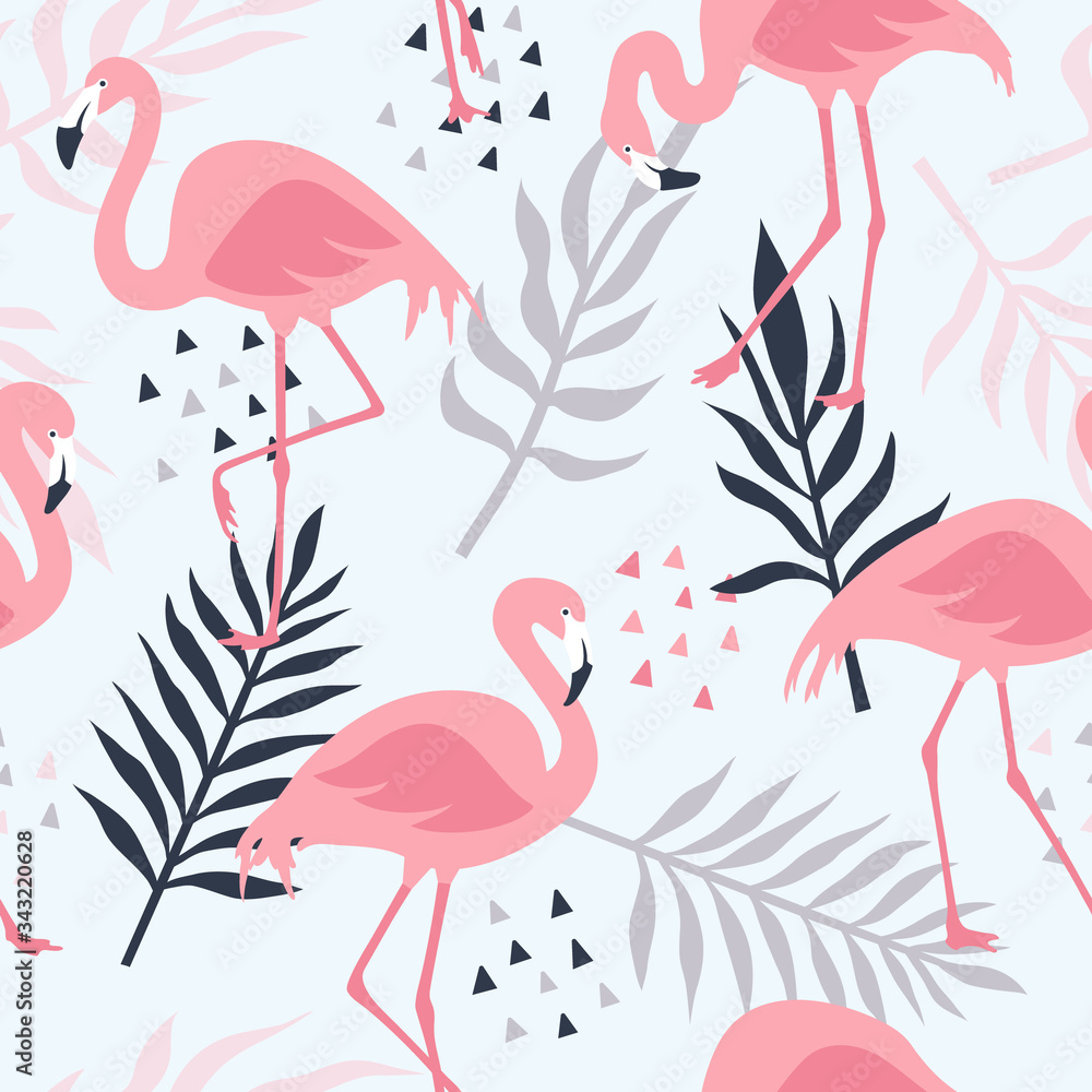 Vector seamless pattern with pink flamingos, tropical palm leaves and flowers. Hand Drawn illustration. Vector seamless pattern with pink flamingos, tropical palm leaves and flowers. Hand Drawn illustration.