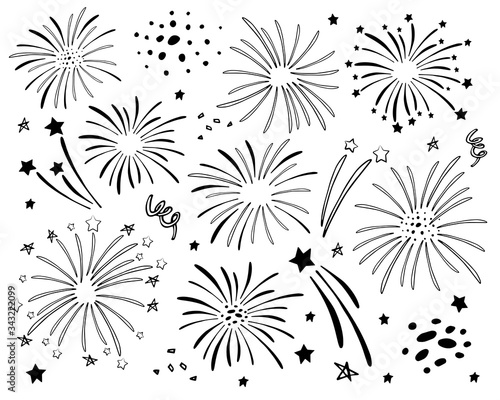 Set of different fireworks. Hand drawn black and white vector