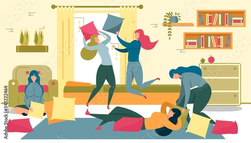 Girls Having Pajama Party, Fighting with Pillows.