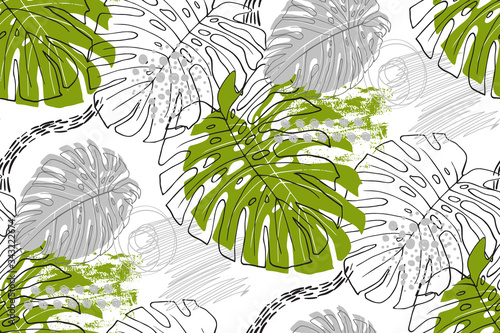 seamless tropical pattern in the style of Doodle scrabble with monstera leaves