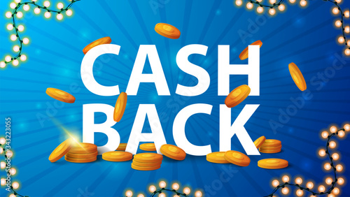 Blue cashback banner with a large volume header, gold coins falling from the top and a garland frame