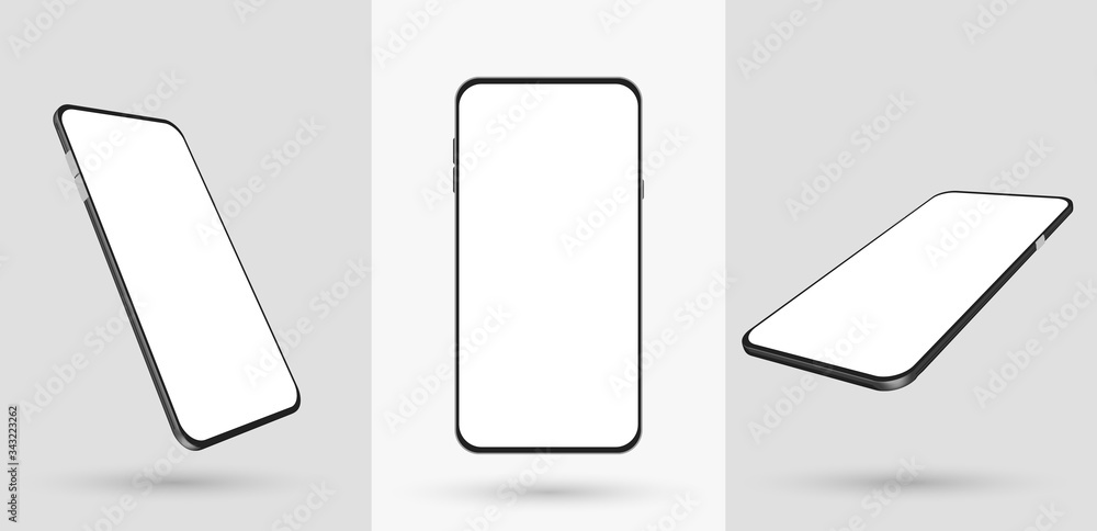 Smartphone mockup in rotated position. Mobile from different angles with blank screen. Template for presentation 3D realistic device. Vector illustration. Smartphone mockup in rotated position. Mobile from different angles with blank screen. Template for presentation 3D realistic device. Vector illustration.