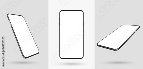 Smartphone mockup in rotated position. Mobile from different angles with blank screen. Template for presentation 3D realistic device. Vector illustration.