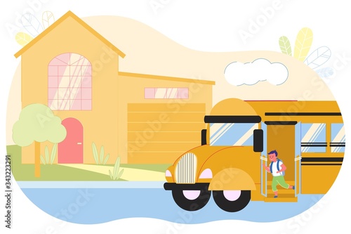 Little Child Getting off School Bus at his House.