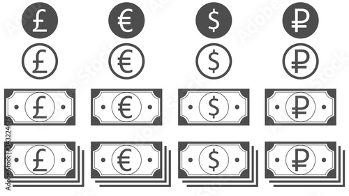 Coins and banknotes of dollar, euro, pounds sterling and rubles. Money cash icons set. Isolated flat vector illustration. EPS 10.