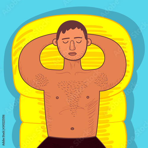 Chubby guy with hairy chest sunbathes on yellow inflatable swimming mattress. Man lying in swimming trunks with eyes closed. Bright colored vecor illustration