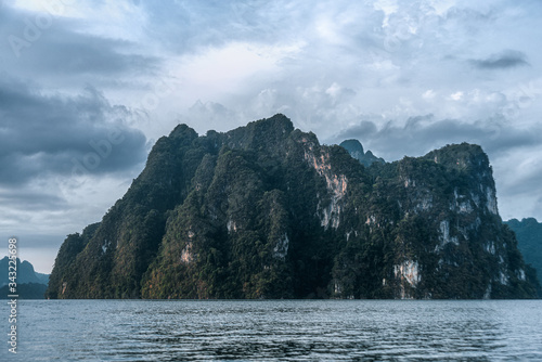 Mountains near the lake. Tropical landscape in Thailand. Cheo Lan Lake and Khao Sok National Park.